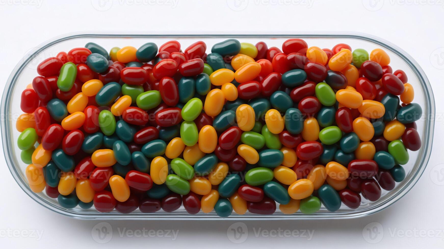 Colorful candies in glass container on white background. Top view. photo