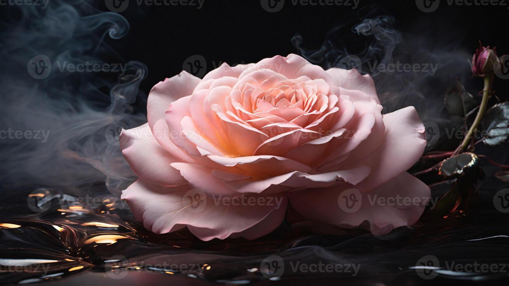 pink rose on a dark background with smoke and water drops photo