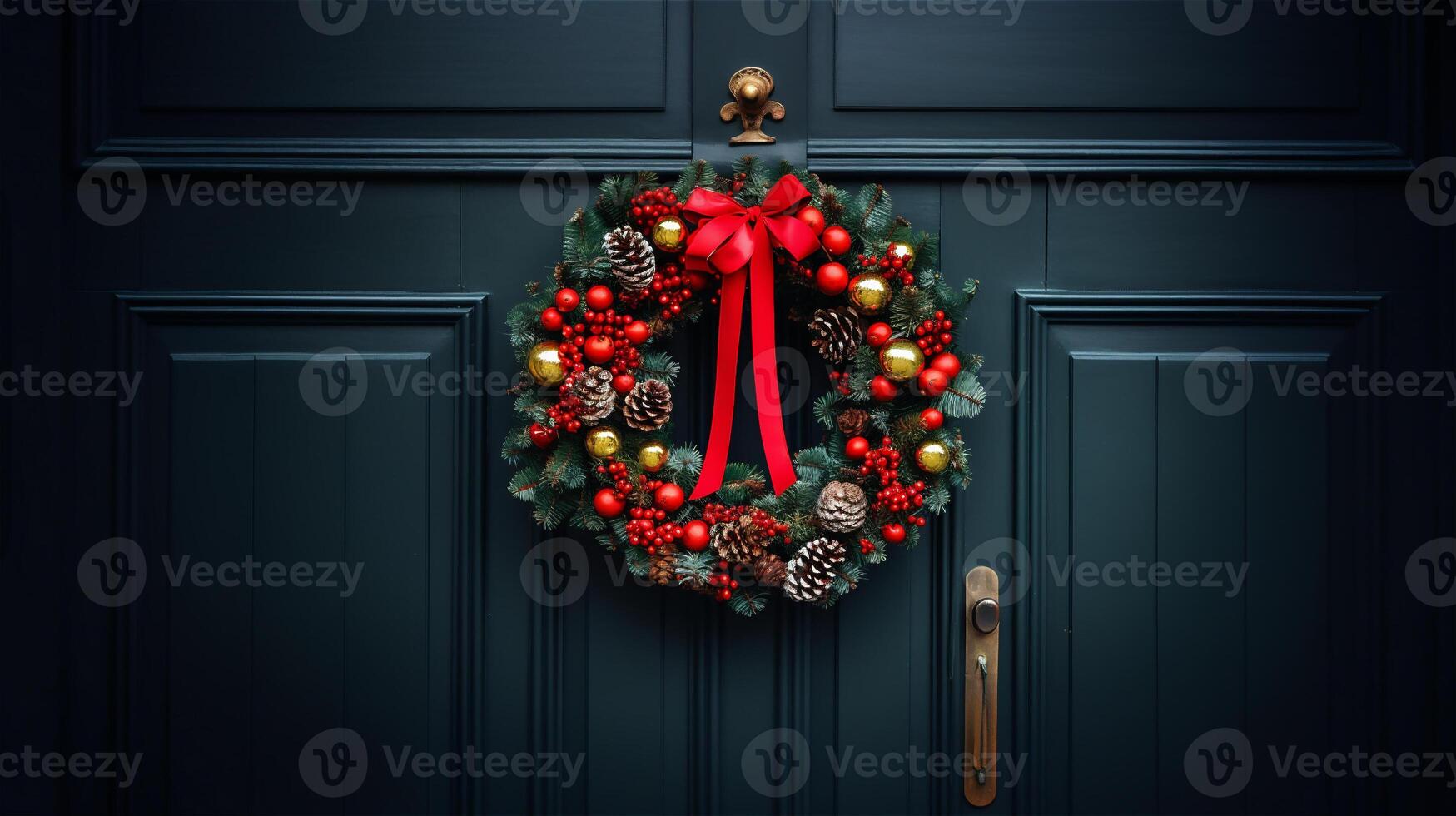 Christmas wreath hanging on door. Christmas decoration. Festive chaplet with fir tree branches, pine cones, red bow. photo