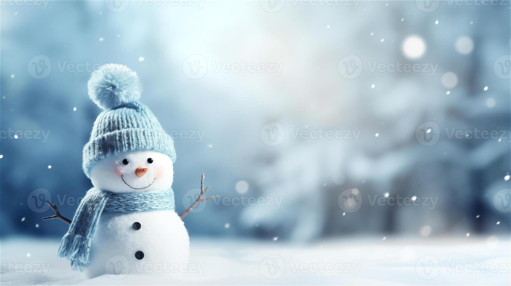 Cute smiling snowman wearing hat and scarf. Winter banner with copy space for text. Christmas background. photo