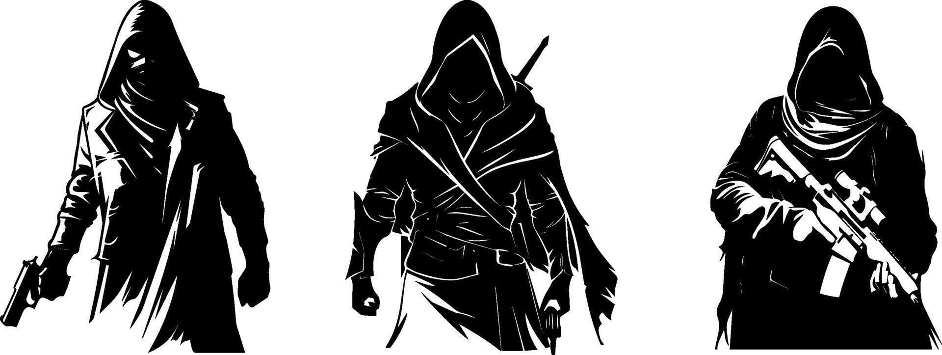 Stealthy Assassins in Action,, Three Shadowy Figures Ready for Combat vector