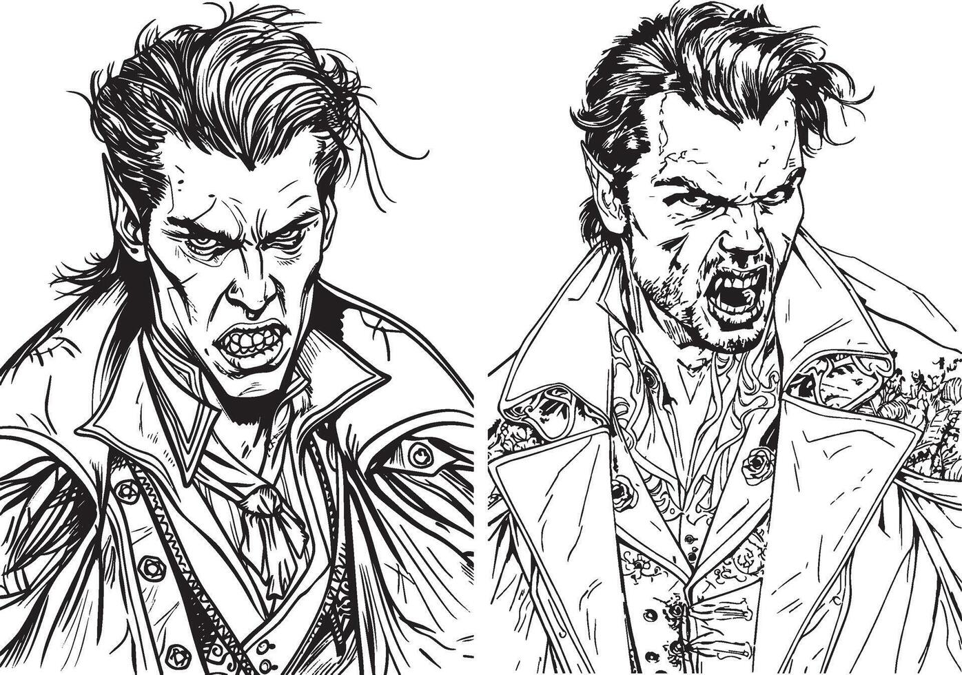 Fierce Vampire Lords, Detailed Line Art of Ferocious and Sinister Dracula Figures vector