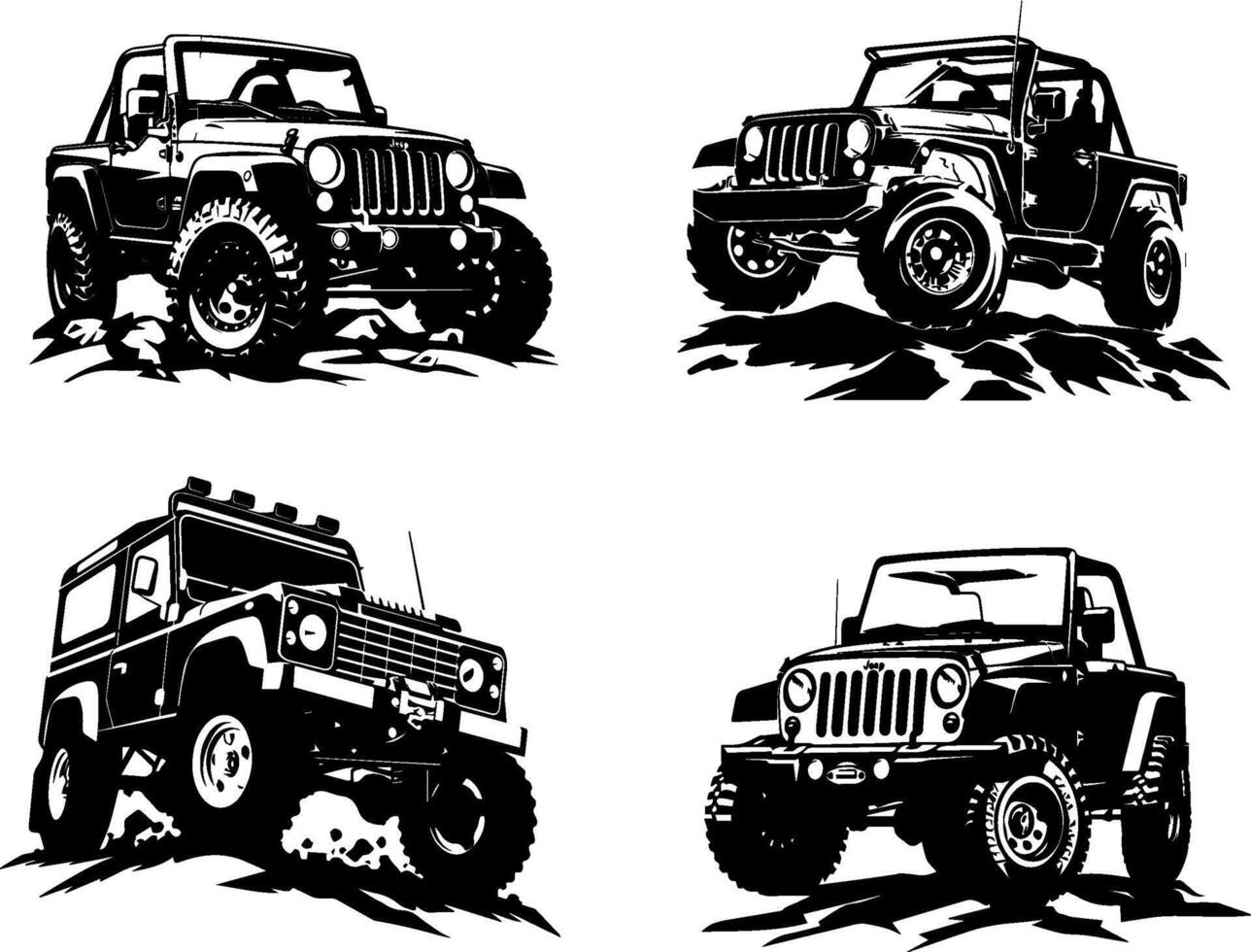 Rugged Off Road Vehicles Conquering Challenging Terrain in Bold Black and White vector