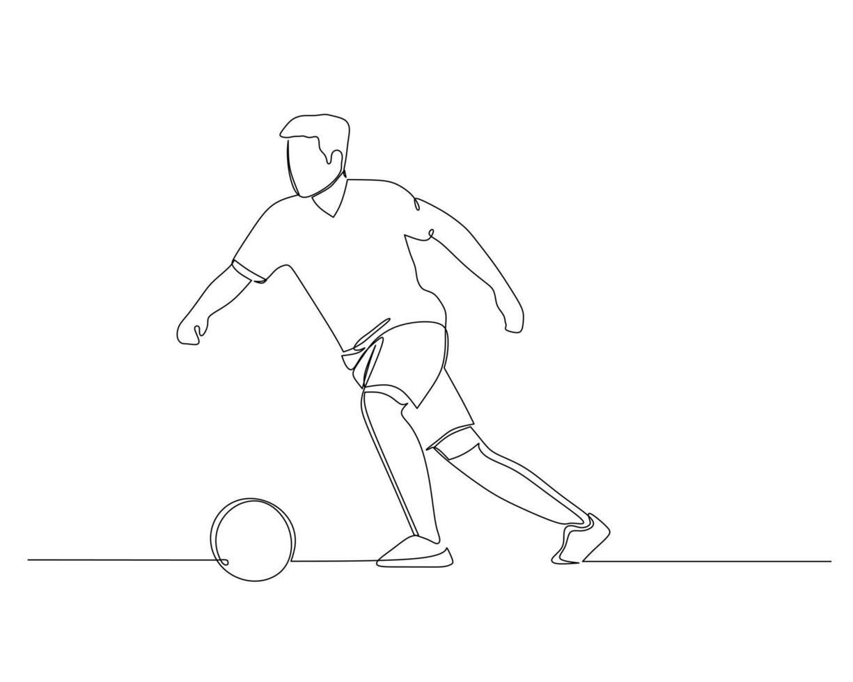 Continuous single line drawing of a football player is dribbling the ball towards the opponent's goal. footbal tournament event . Design illustration vector