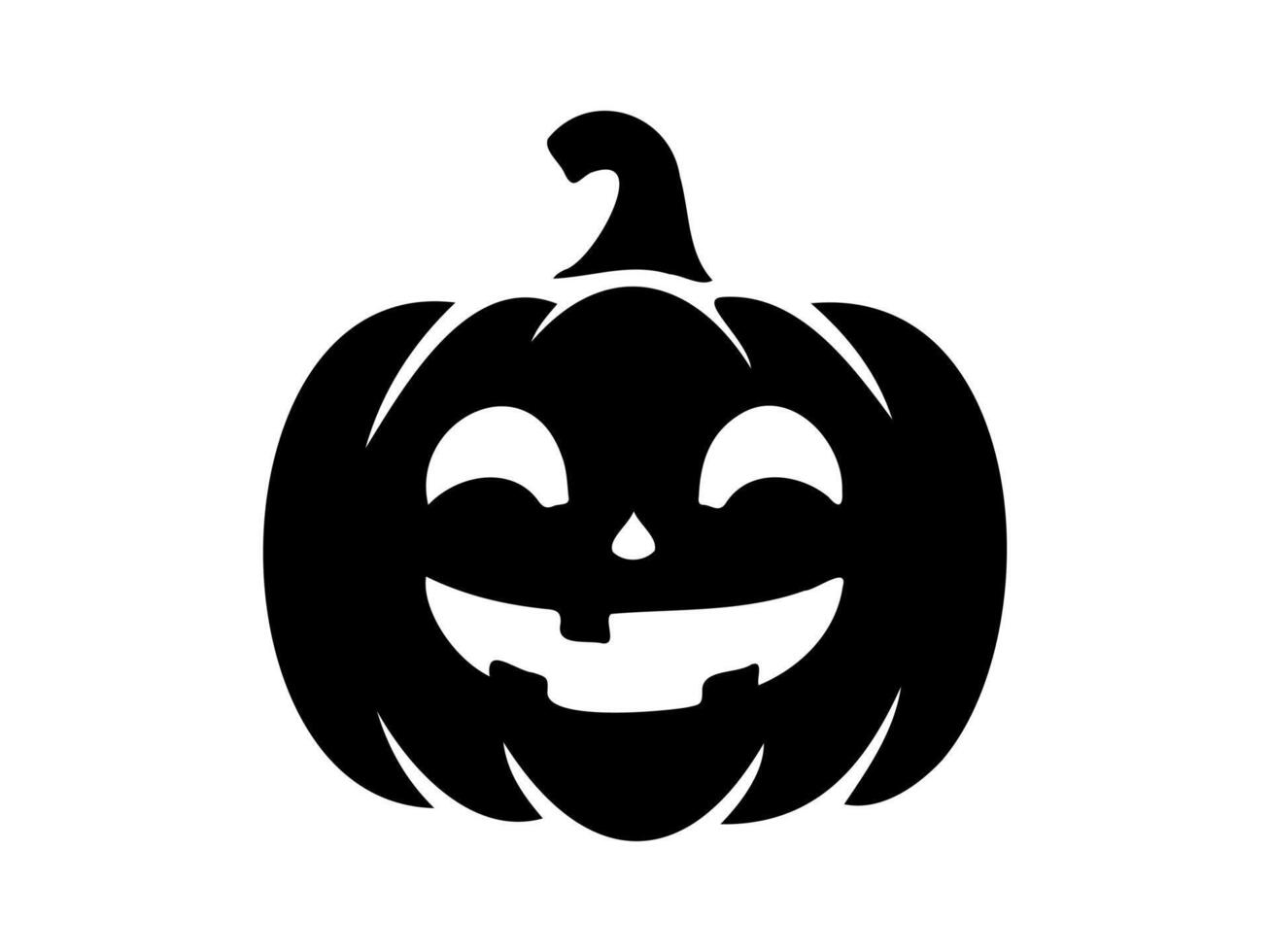 Black silhouette of smiling Halloween pumpkin. Illustration. Friendly Jack-o-lantern. Isolated on white. Concept of Halloween, festive decor, autumn celebration, October tradition. Icon. vector