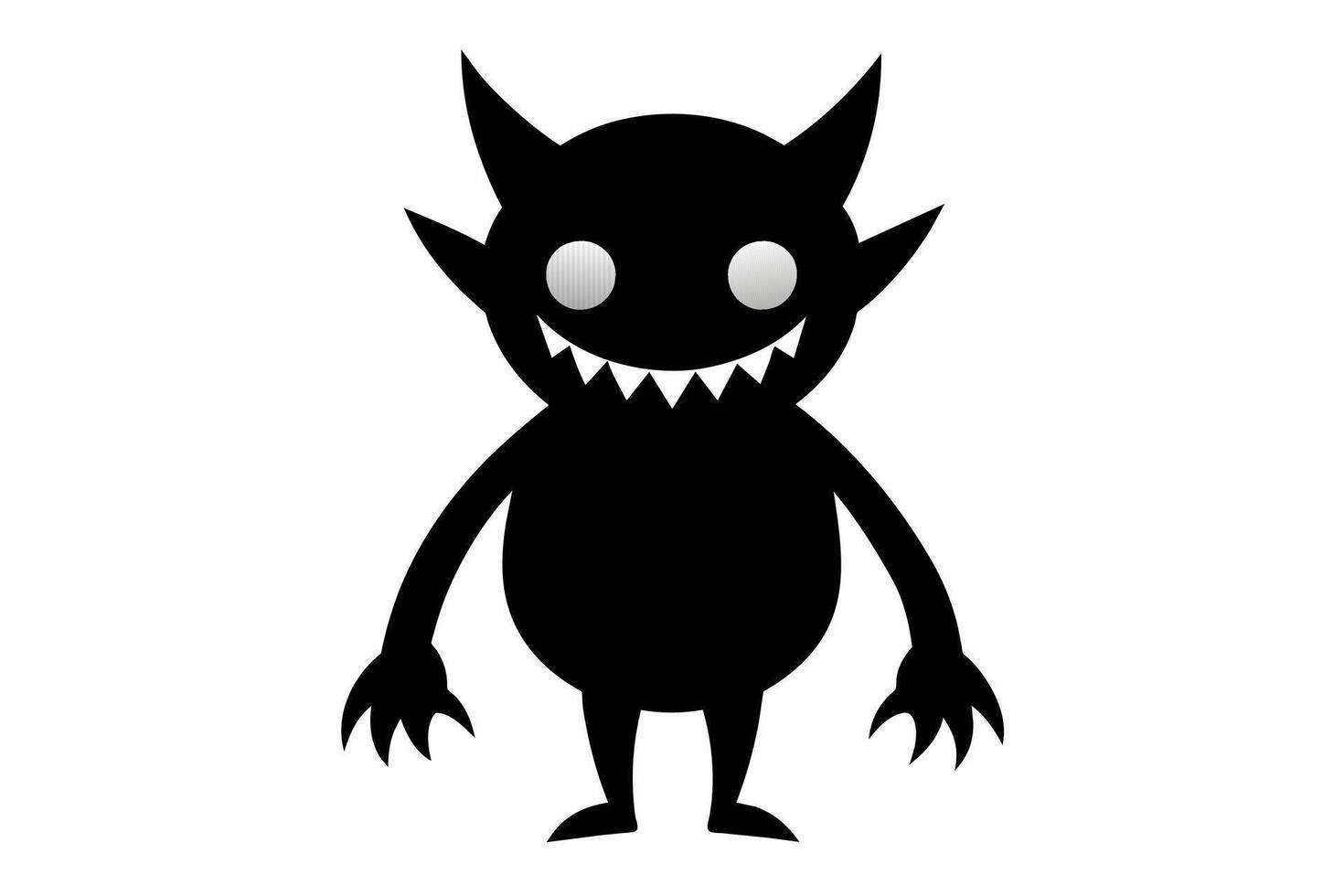 Monochromatic cartoon monster with claws and horns. Fantasy creature, scary character concept, horror theme. Black silhouette isolated on white background. vector