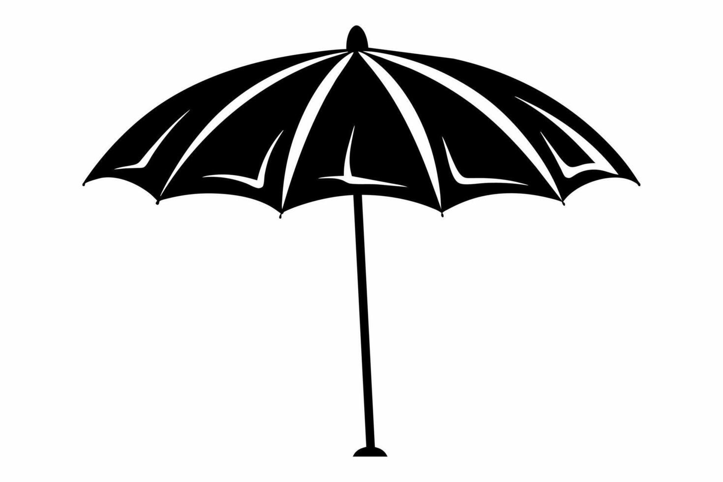 Black beach umbrella with a simple geometric design. Minimalist style, monochrome artwork, weather protection concept. Black silhouette isolated on white background. vector