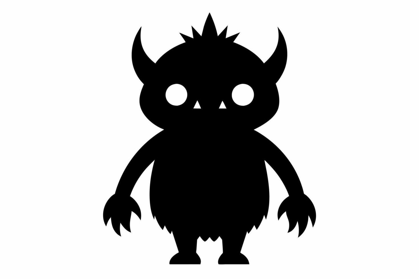 Monochromatic cartoon monster with claws and horns. Fantasy creature, scary character concept, horror theme. Black silhouette isolated on white background. vector