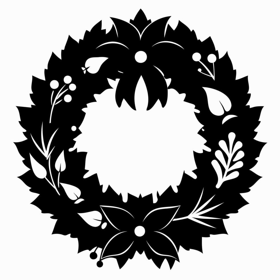 Black silhouette of Christmas wreath isolated on white background. Graphic art. Concept of minimalist holiday decor, seasonal greeting. Print, design element vector