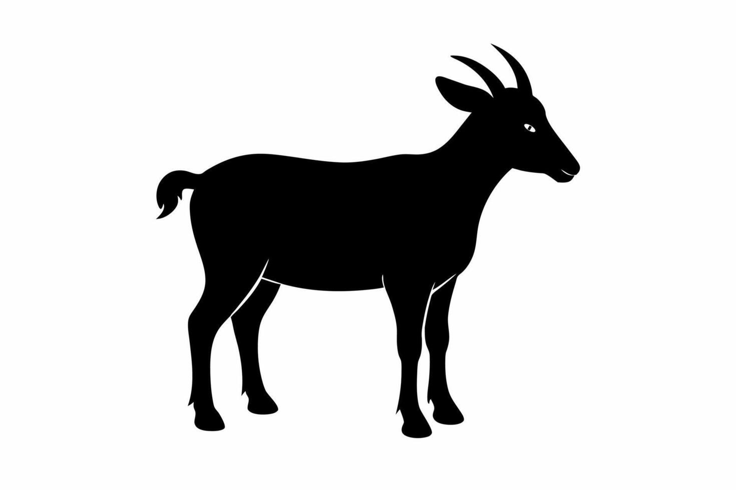 Silhouette of a goat with curved horns. Animal illustration. Wildlife concept. Farm, livestock, nature, rural scene. Black silhouette isolated on white background. vector