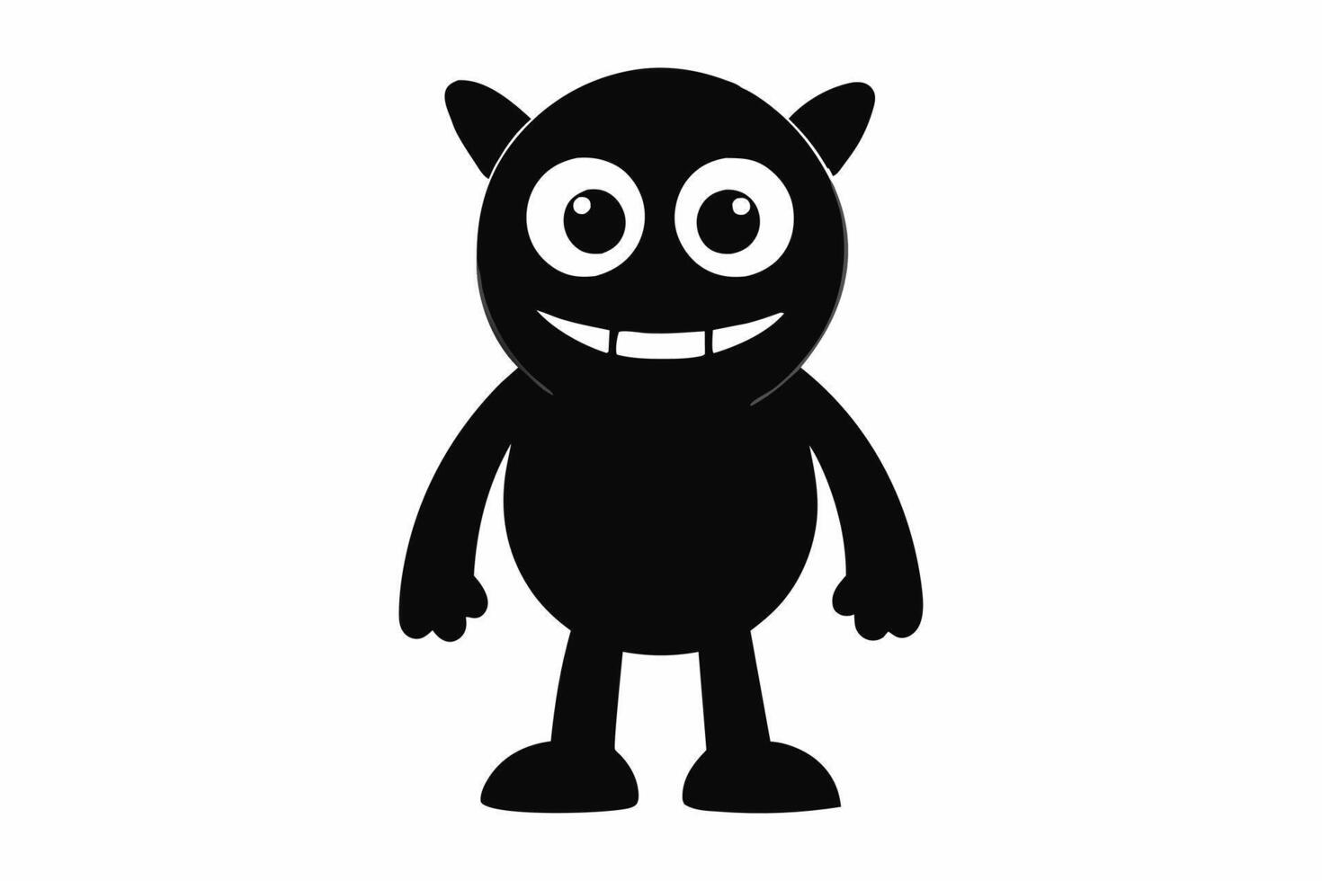 Black cartoon monster with big eyes and horns. Cute creature design, kids illustration, monster character, whimsical drawing for children. Black silhouette isolated on white background. vector