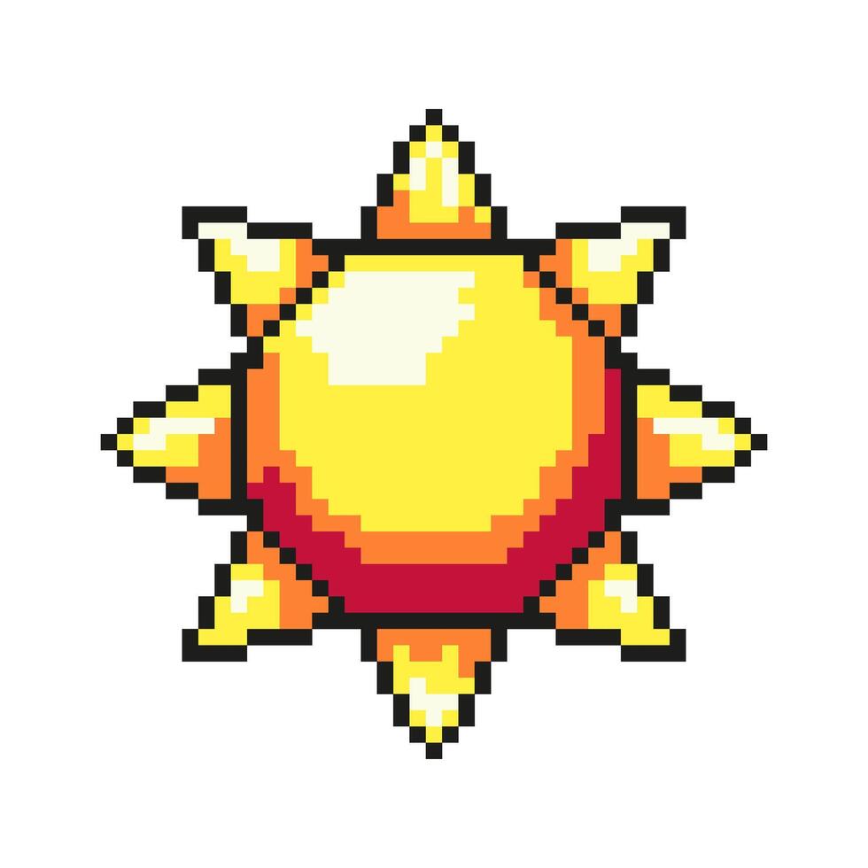 The sun icon for summer holidays in pixel art style. Inspired by the games of the 80s, 90s. . vector