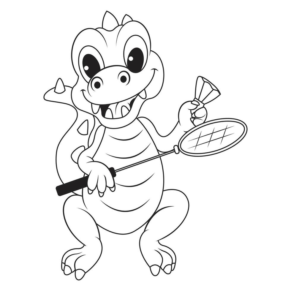 outline of a green dinosaur wants to play badminton vector