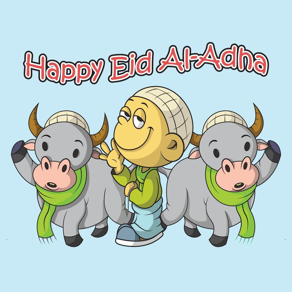 a muslim child and two buffalo wish eid al-adha vector