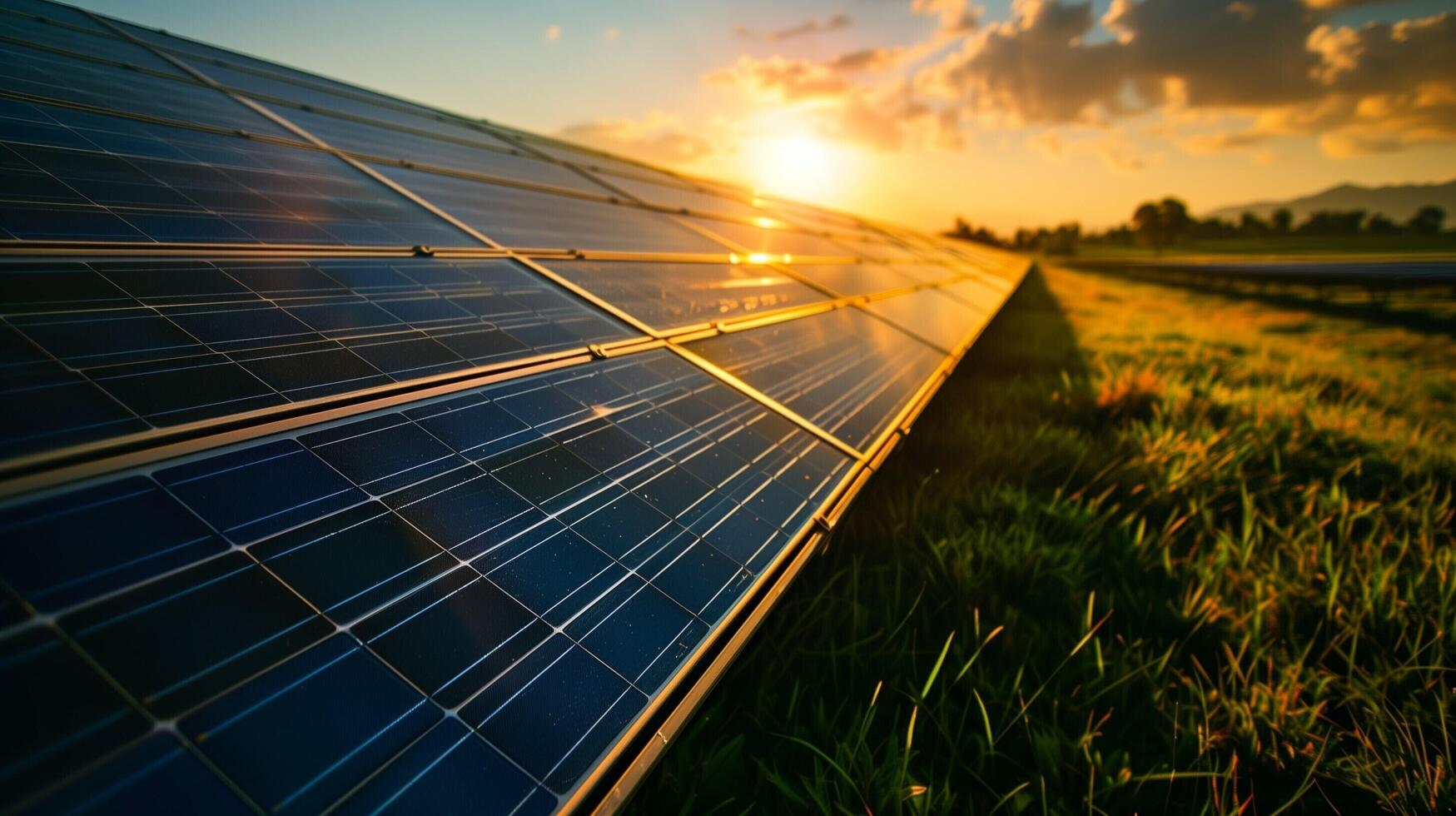 solar panels in a field at sunset photo