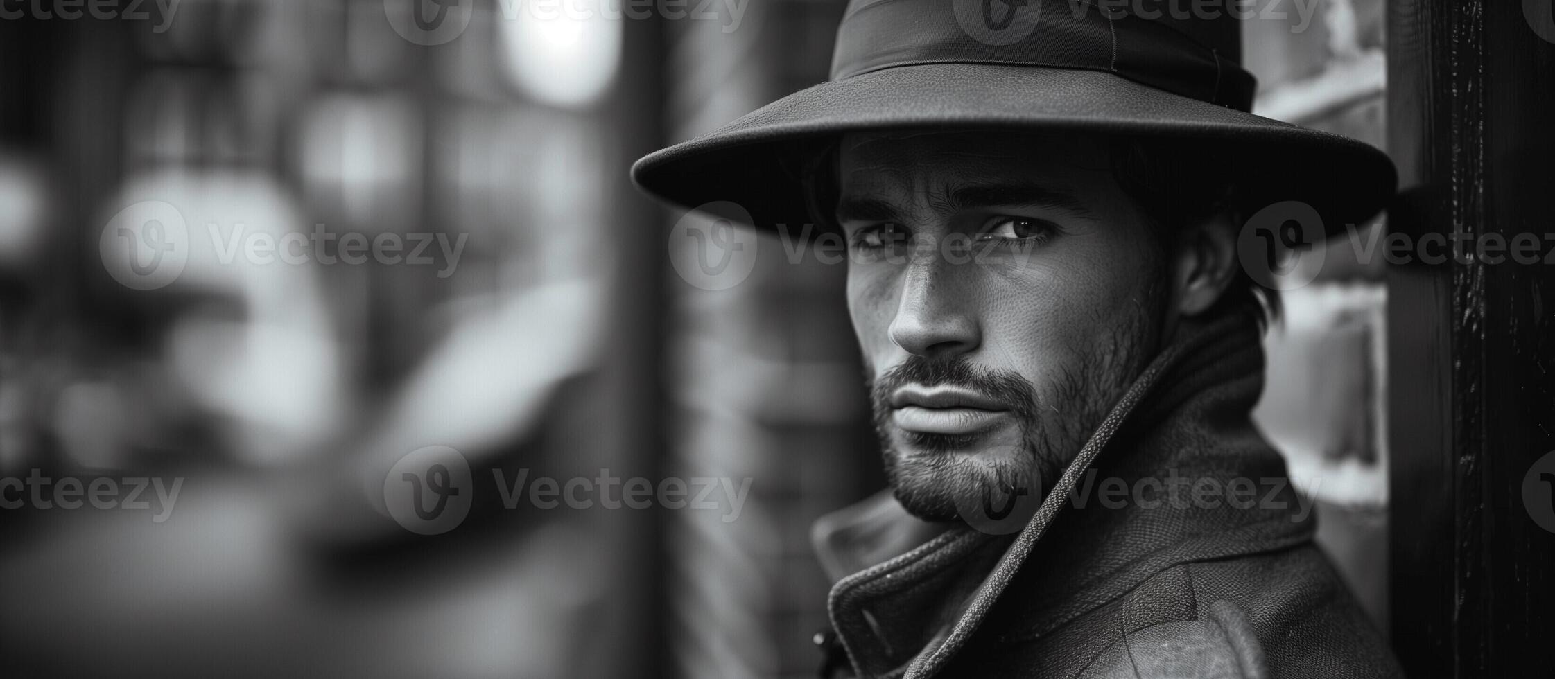 a man in a hat and jacket leaning against a brick wall photo