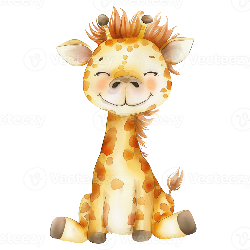 Watercolor illustration of a cute African Giraffe for nursery decor. Safari animal for baby shower invitations or birthday cards. Drawing of children's room design in pastel colors. png