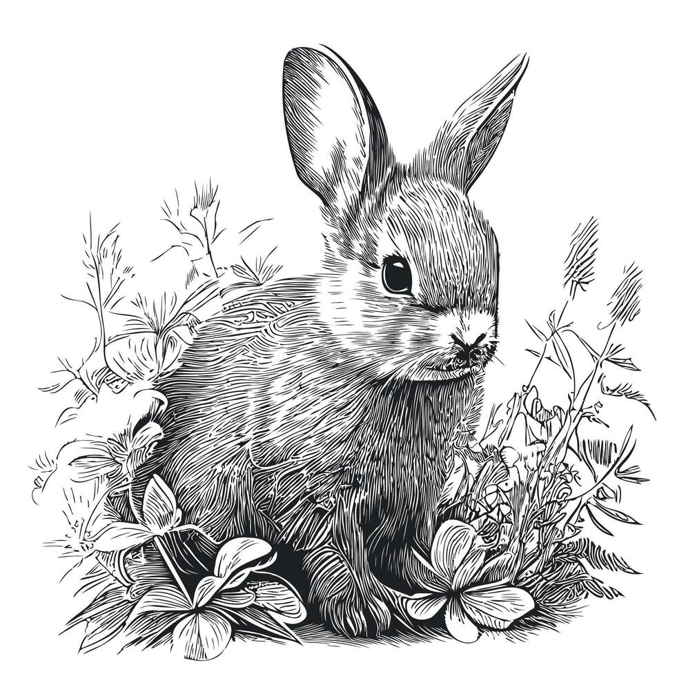 Rabbit cub sitting in the grass sketch drawn in doodle style illustration vector