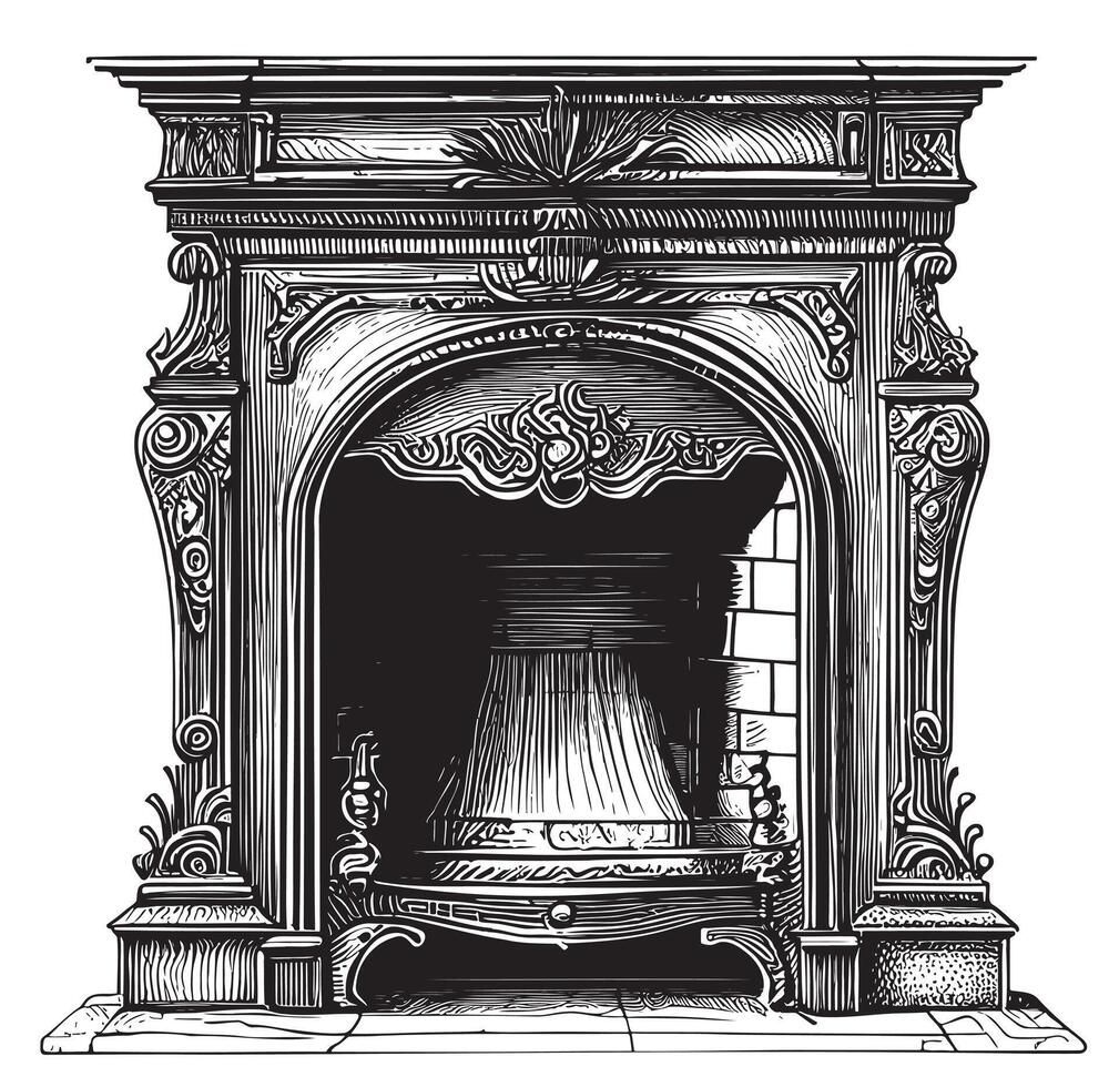 Retro fireplace hand drawn sketch illustration vector