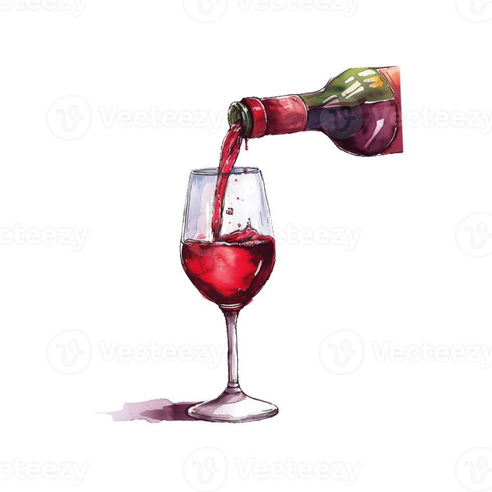 A bottle of wine is elegantly pouring a stream of wine into a sparkling glass. Watercolor style illustration. Ai illustration. png