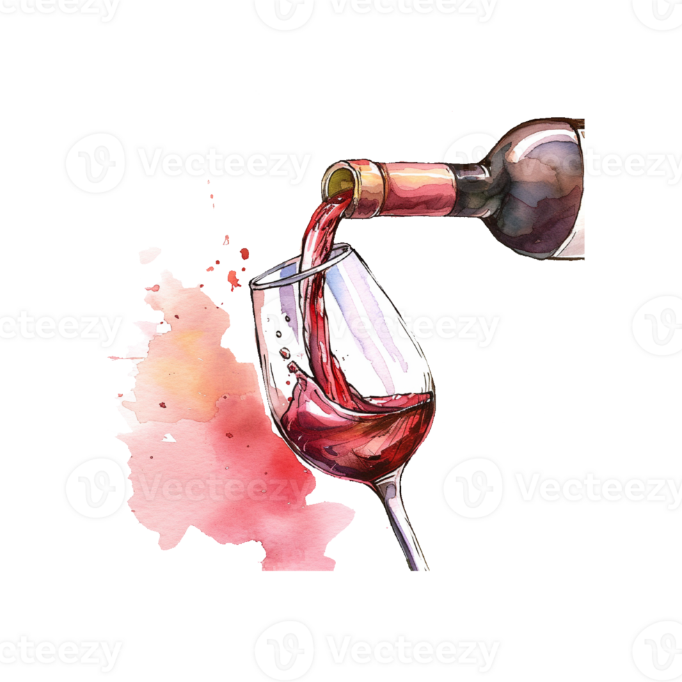 A bottle of wine is elegantly pouring a stream of wine into a sparkling glass. Watercolor style illustration. Ai illustration. png