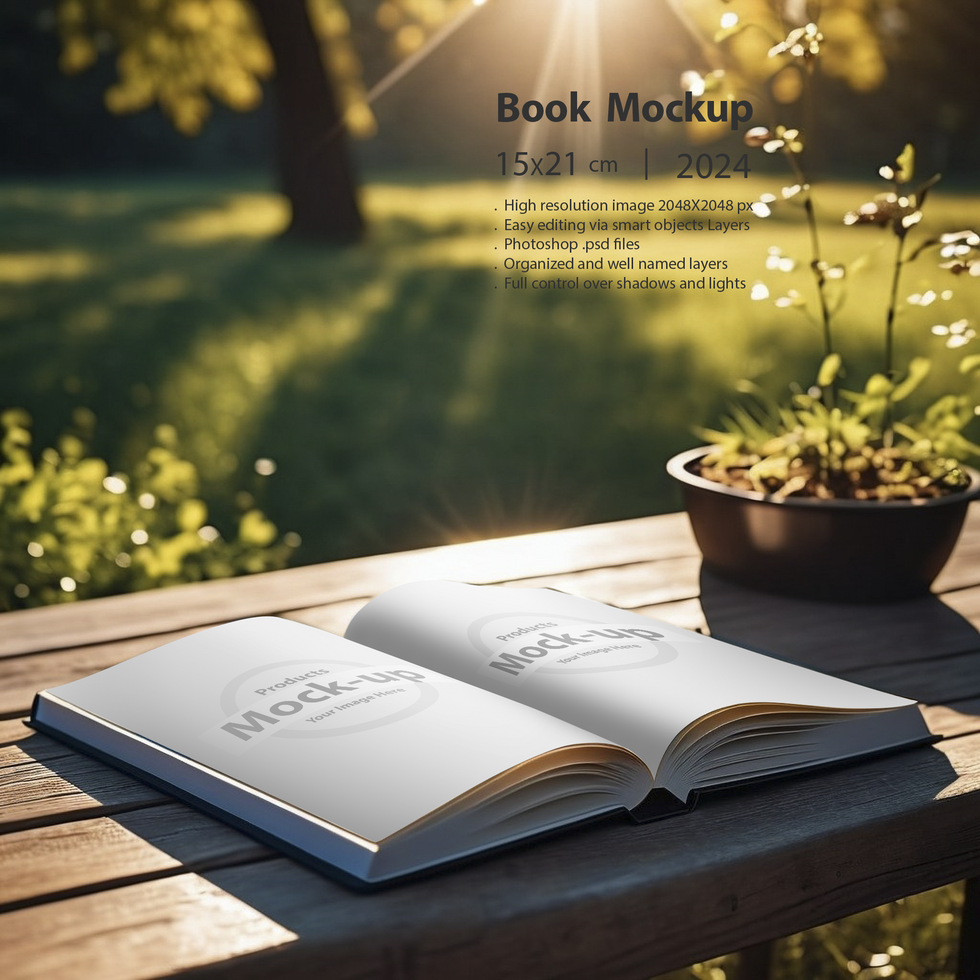 An opened book on a wooden table in outdoor area psd