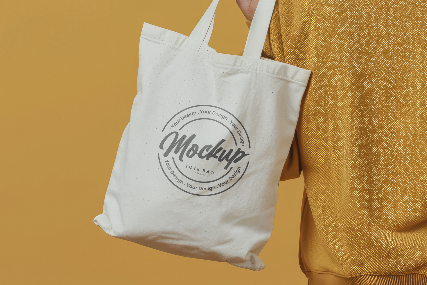 tote bag mockup with a background of a woman holding a white shopping bag psd