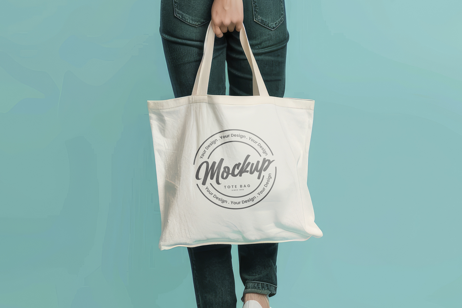 tote bag mockup with a background of a woman holding a white shopping bag psd