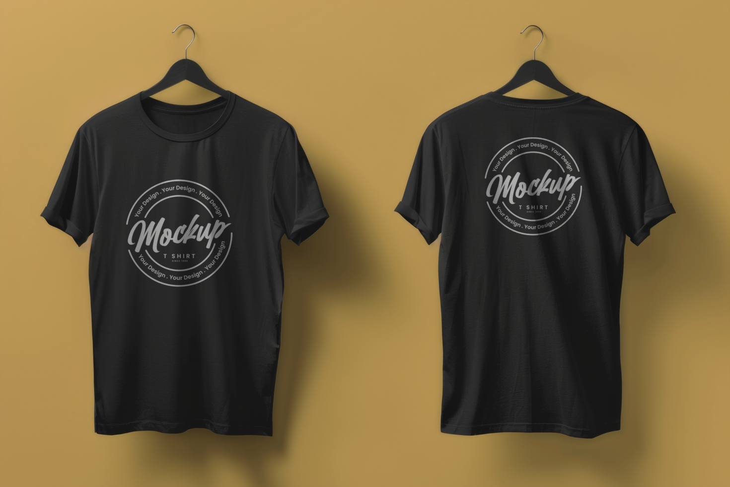 black t-shirt mockup front and back with one color background psd