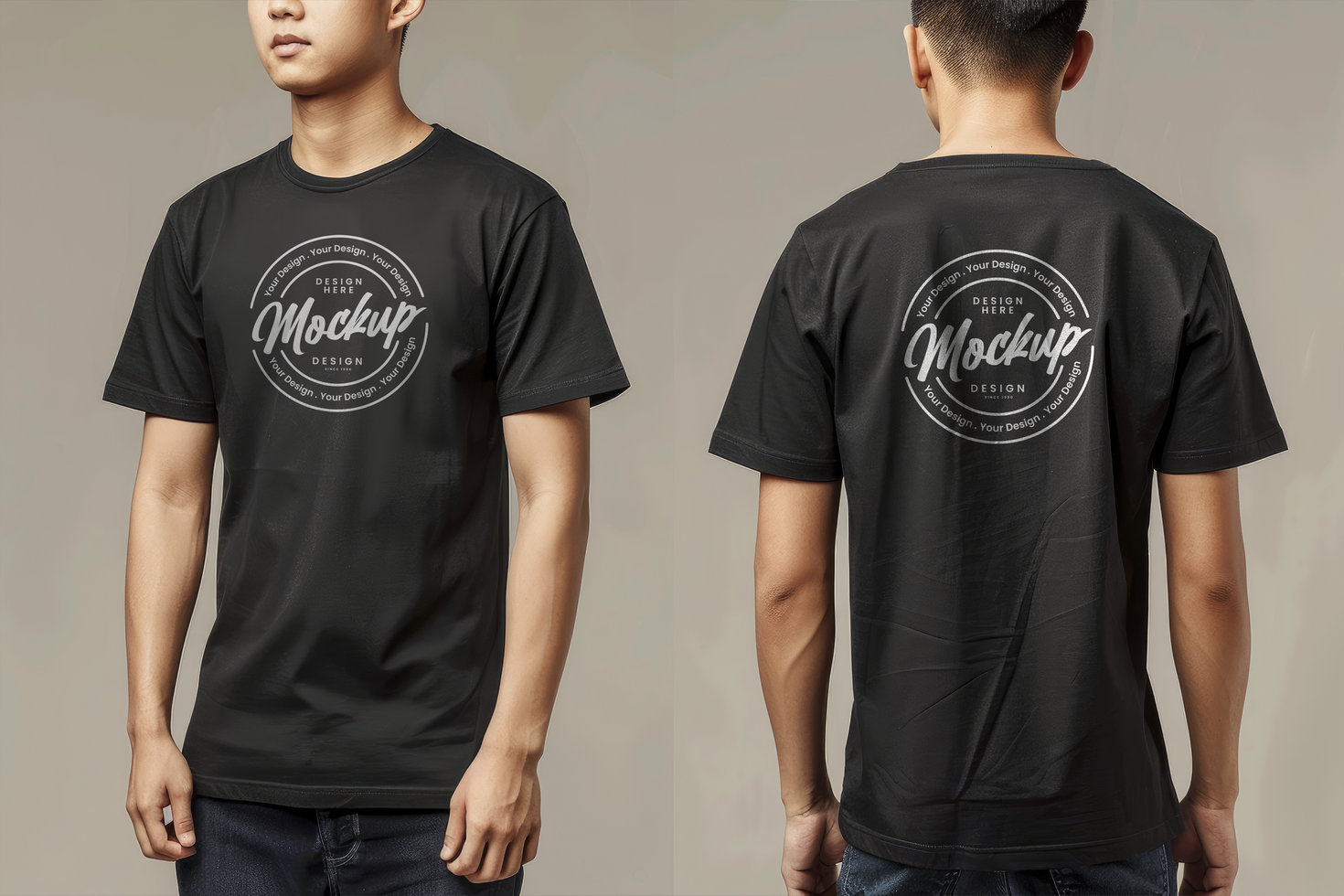 black t-shirt mockup front and back with one color background psd