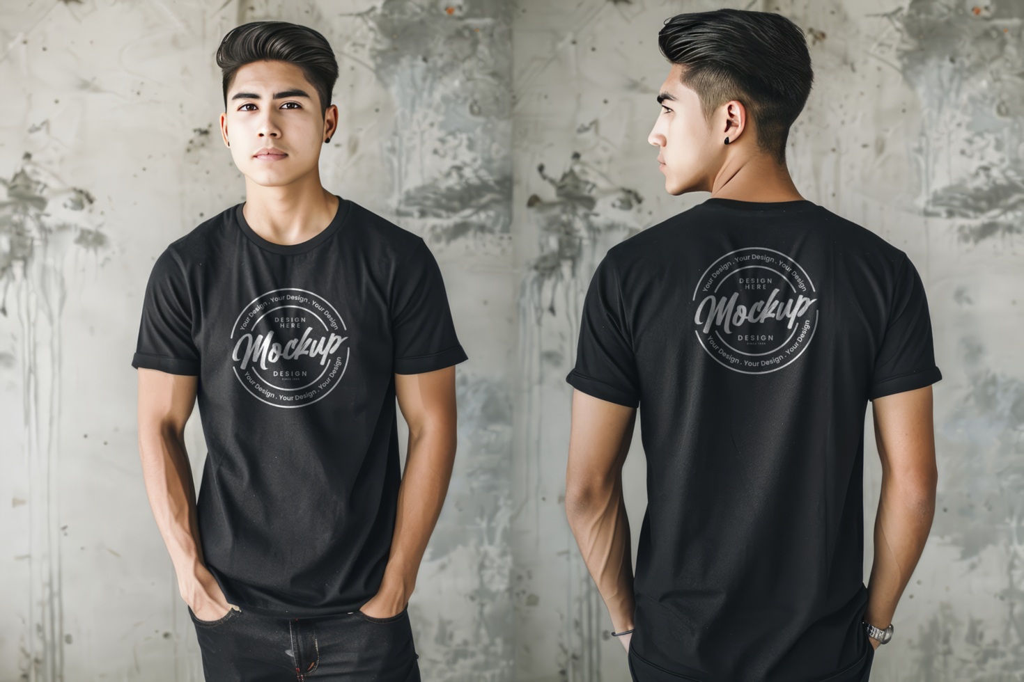 black t-shirt mockup front and back with one color background psd