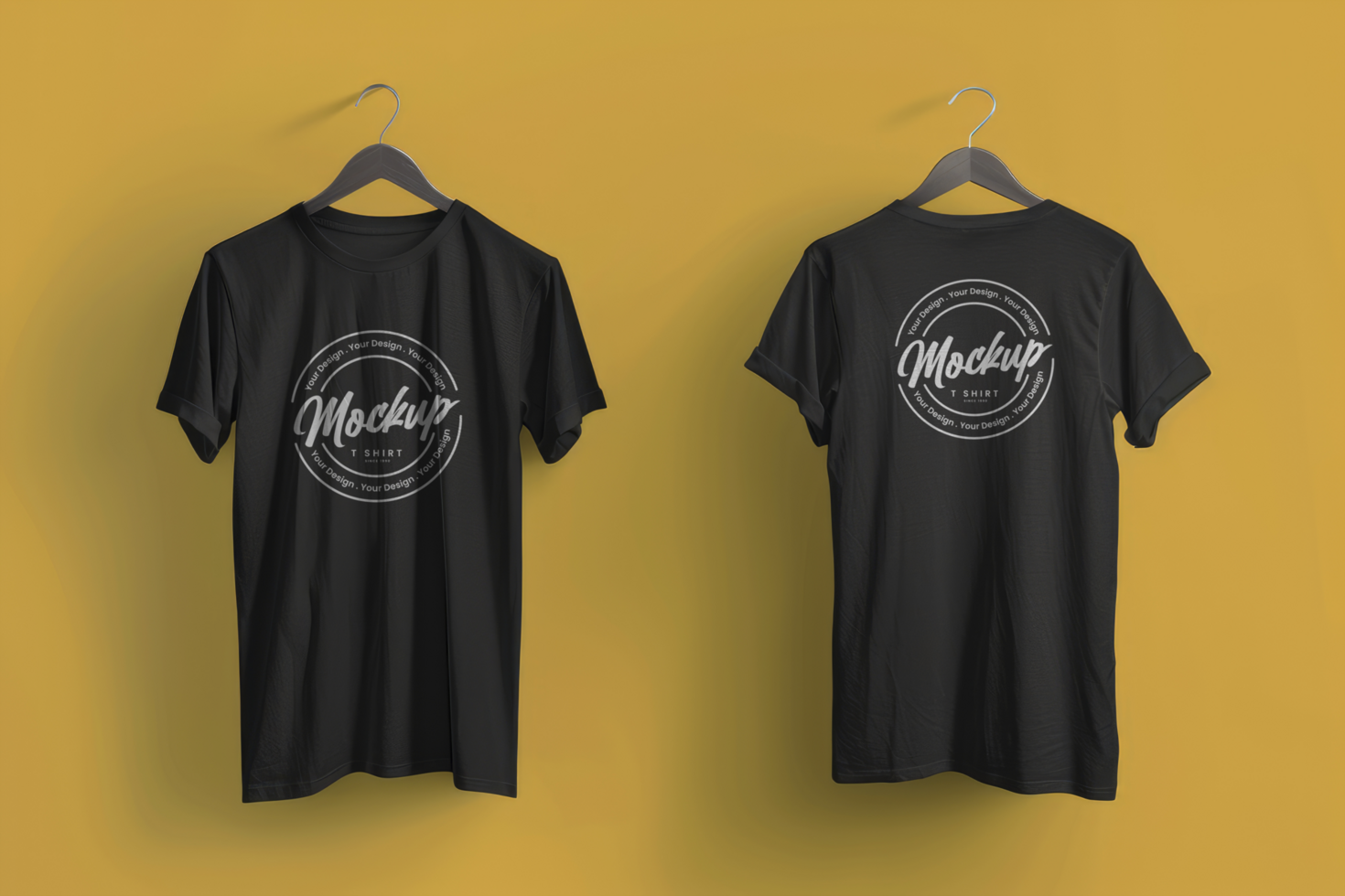 black t-shirt mockup front and back with one color background psd
