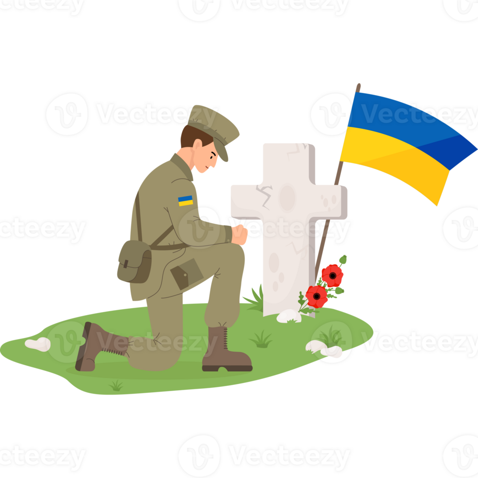 Military soldier in front of grave cross with Ukrainian flag png