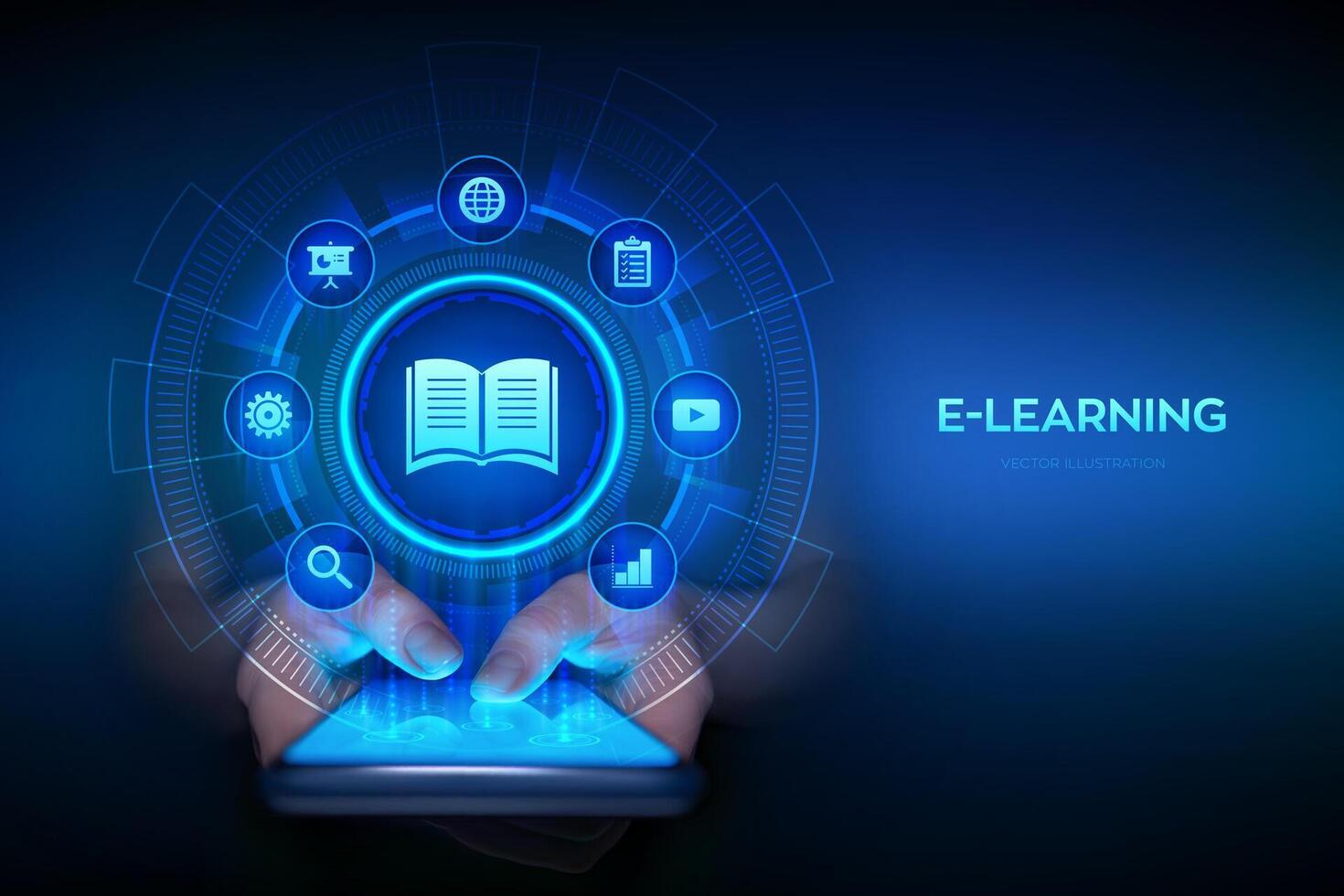 E-learning. Innovative online education and internet technology concept. Webinar, teaching, online training courses. Skill development. Smartphone in hands. Using smartphone. illustration. vector