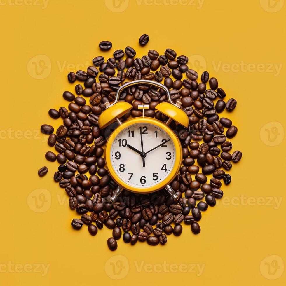 Alarm clock in coffee beans on an empty yellow background. Break or awakening concept photo