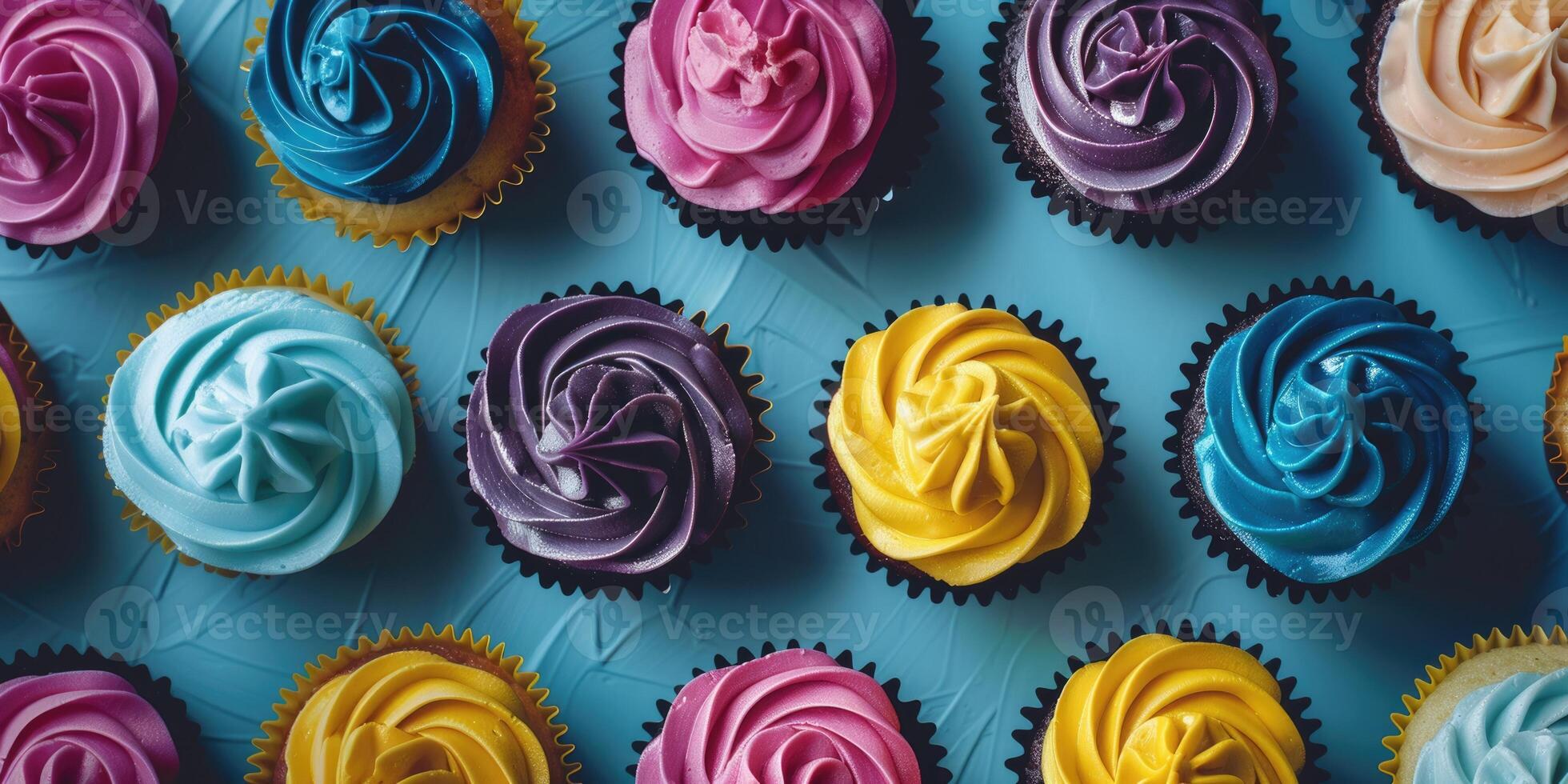 Cupcakes with colorful cream placed in a row on a blue background, top view. Background with sweets photo
