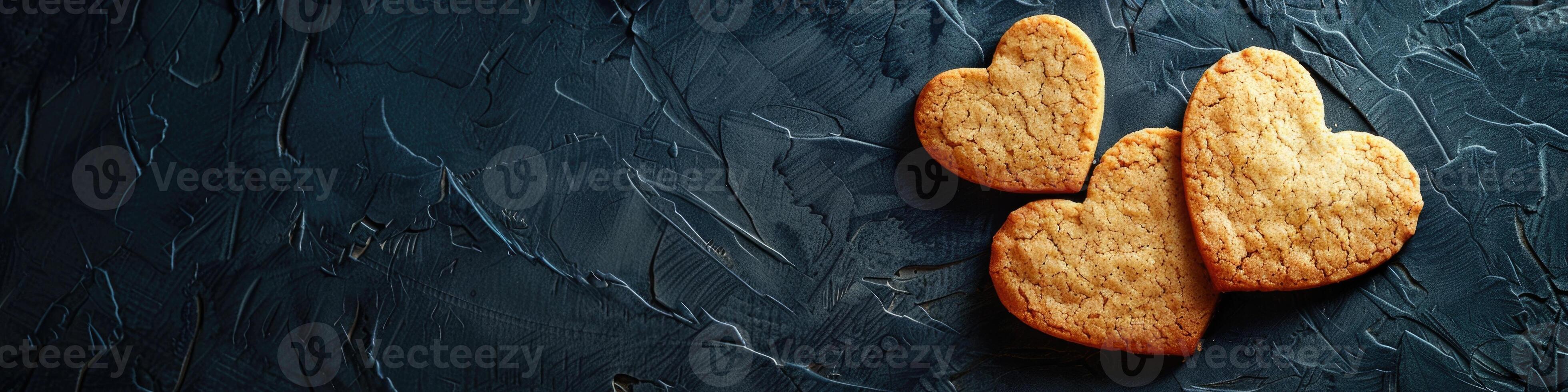 Cookies in the shape of a heart on a dark blue background with copy space. Romantic background with treats photo