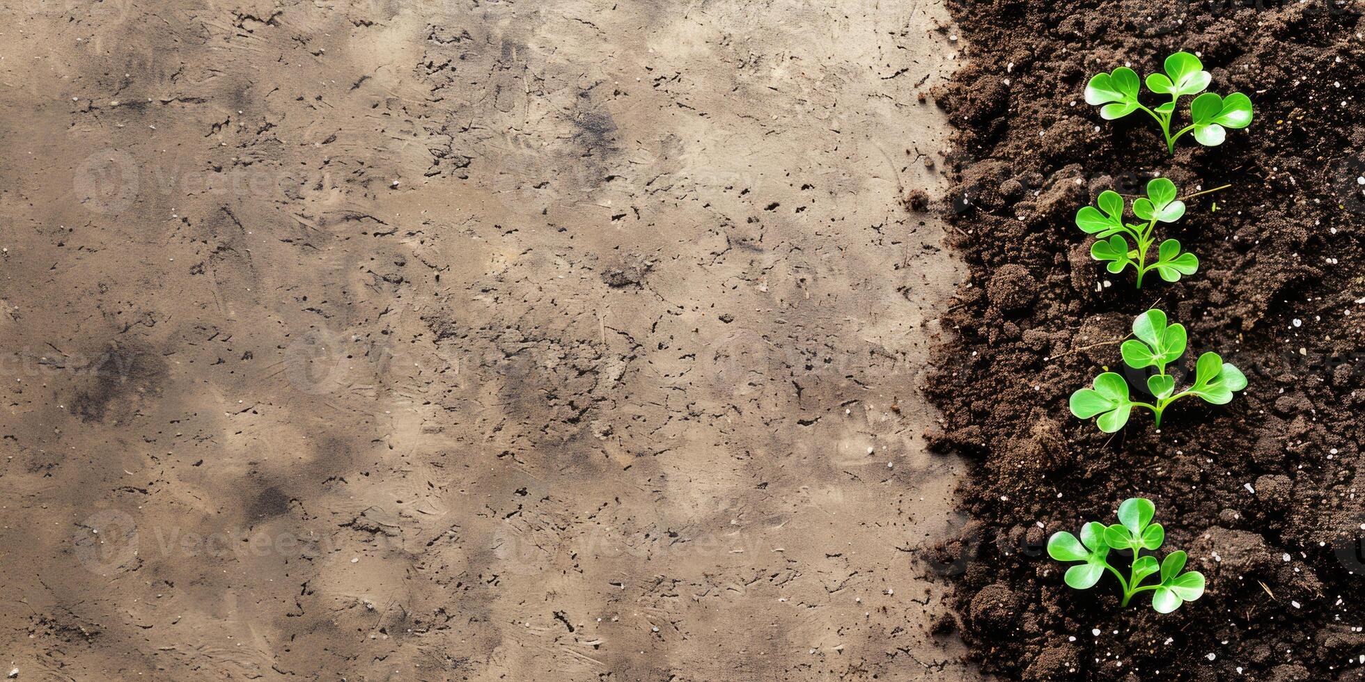 Earth with grass sprouts on a gray textured background. Seedlings in the soil. Regenerative and sustainable concept photo