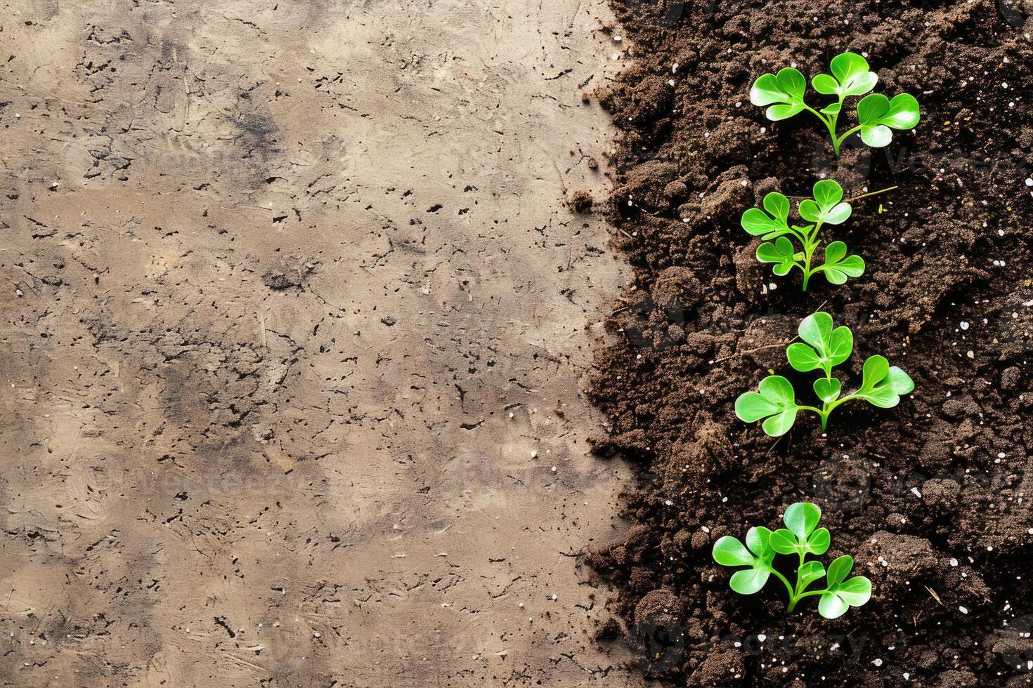 Earth with grass sprouts on a gray textured background. Seedlings in the soil. Regenerative and sustainable concept photo