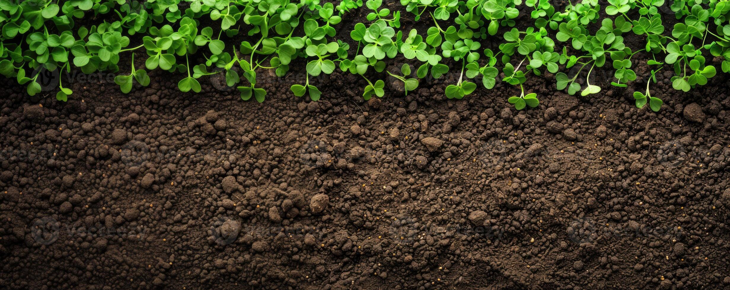 Earth with grass sprouts. Seedlings in the soil. Regenerative and sustainable concept photo