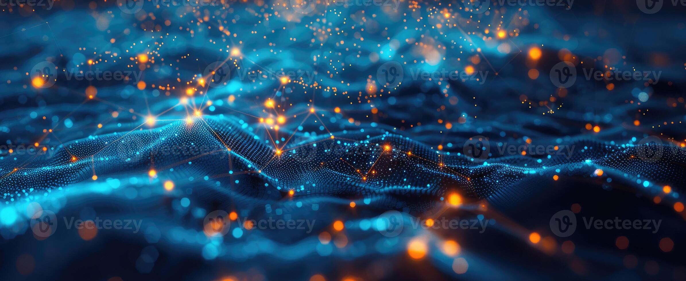 Abstract futuristic dark blue background with golden plexus structure with sparkling light photo