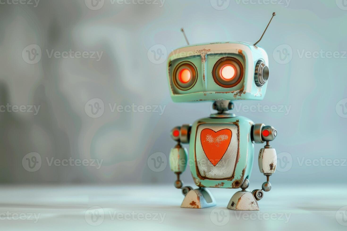 Cute robot with a heart on a blank background with copy space. Technology and love concept photo