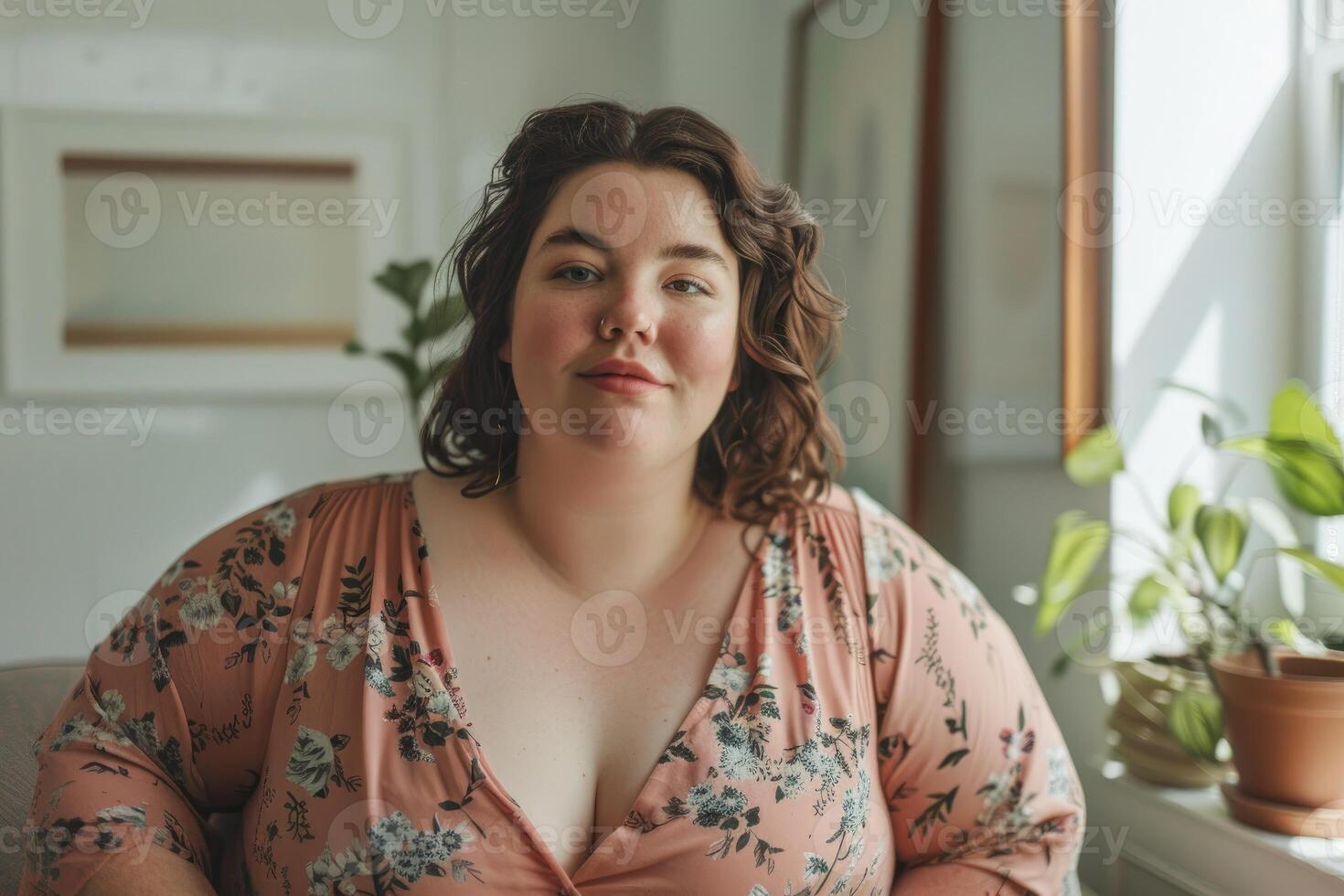 Cute young plus size woman at home. Body positive concept photo