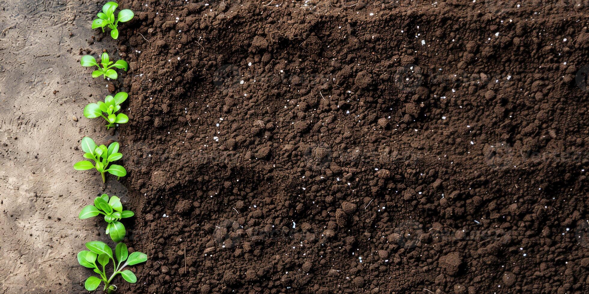 Plant sprouts in the ground, top view. Earth background. Seedlings in the soil. Regenerative and sustainable concept photo