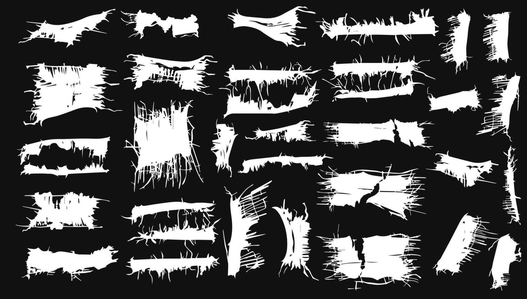 Frayed cloth torn and ripped black and white illustration set. Grunge textured design and cut out damaged template. Messy plaster and uneven ornate vector