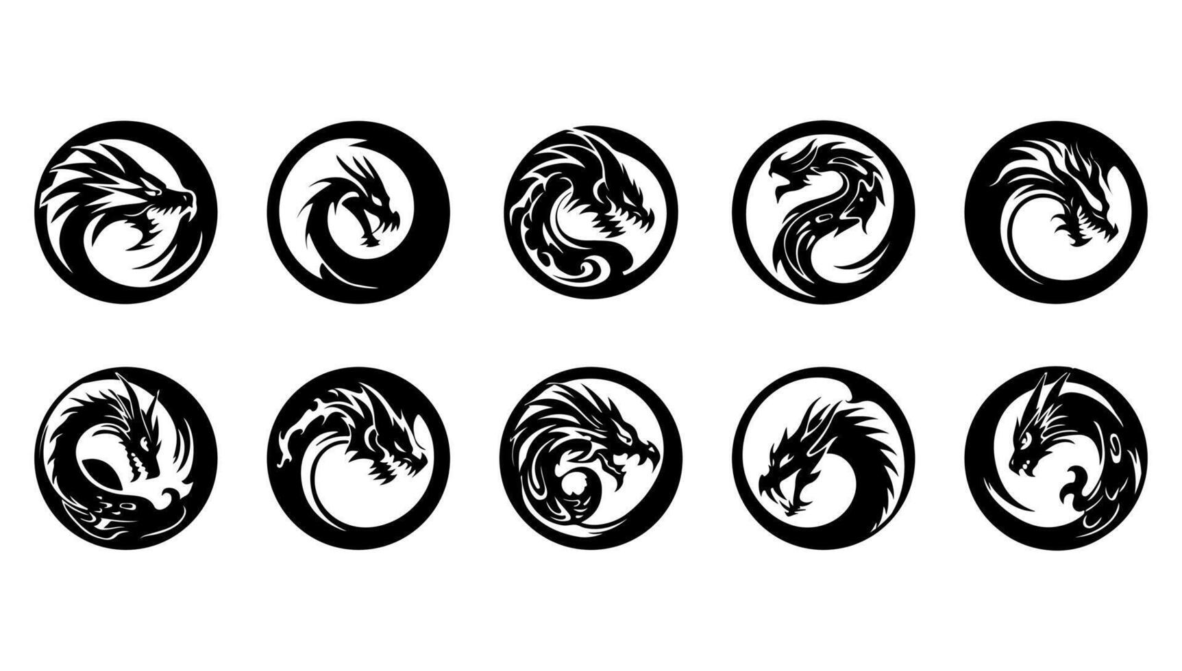 illustration set of round tribal dragon black and white. Abstract silhouette shape circle and collection mythology ornate monster face. Emblem head reptile vector