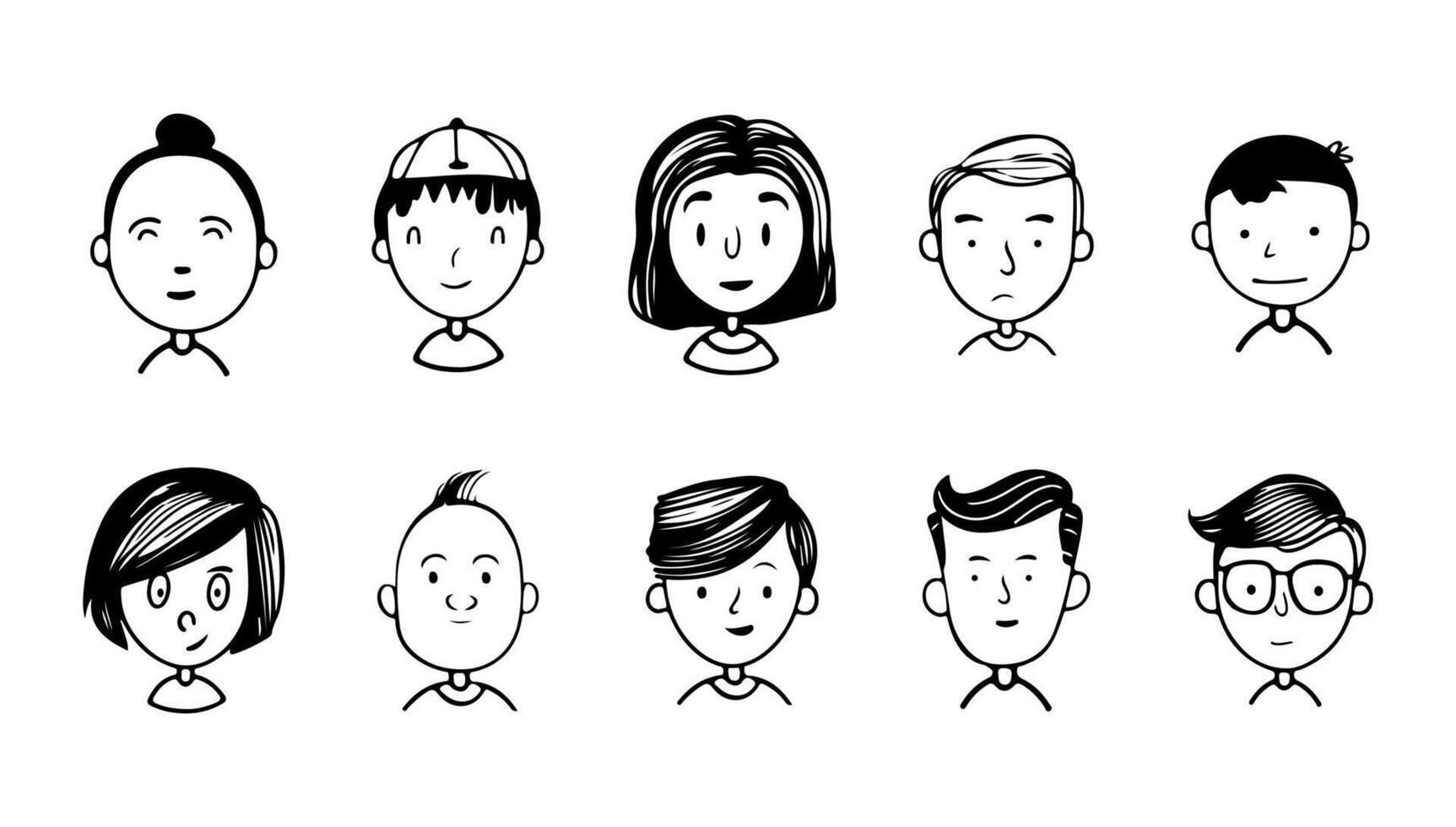 Minimal doodle avatars black and white set illustration. Person cartoon character design and face art. Icon human and outline hand-drawn anthropomorphic face vector