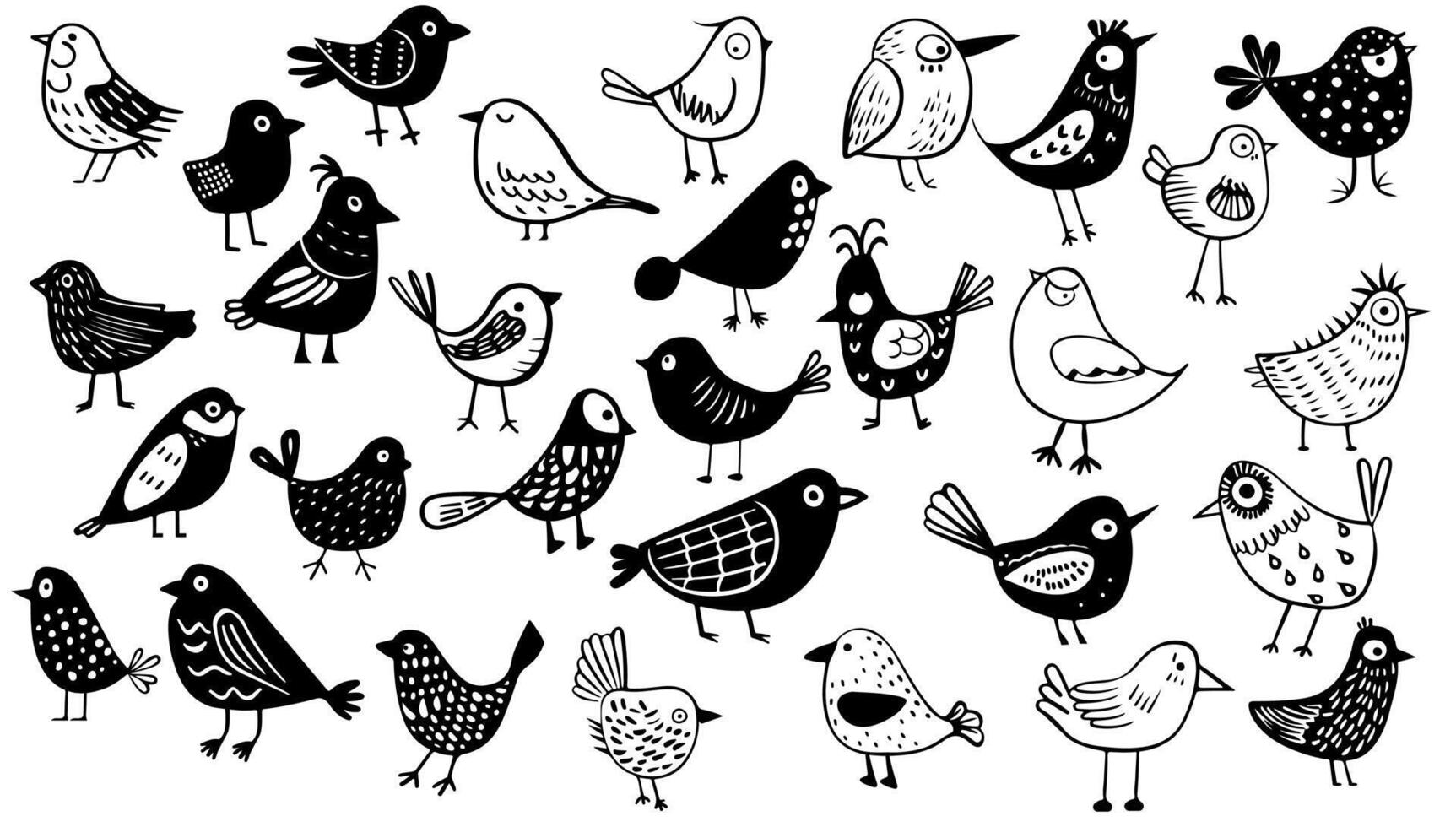 black and white hand-drawn childish set with various cute contour birds. Illustration doodle cartoon animal art. Outline collection sketch simple element. Pencil drawing scribble line vector