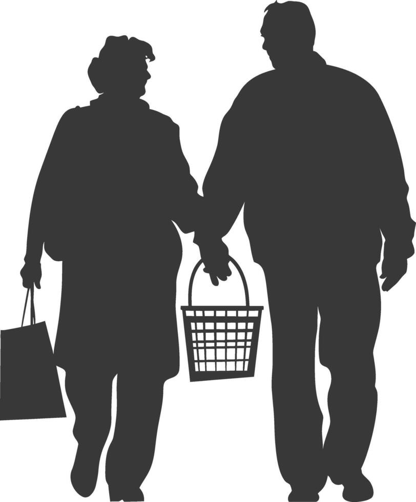 Silhouette elderly man and elderly women with Shopping basket full body black color only vector