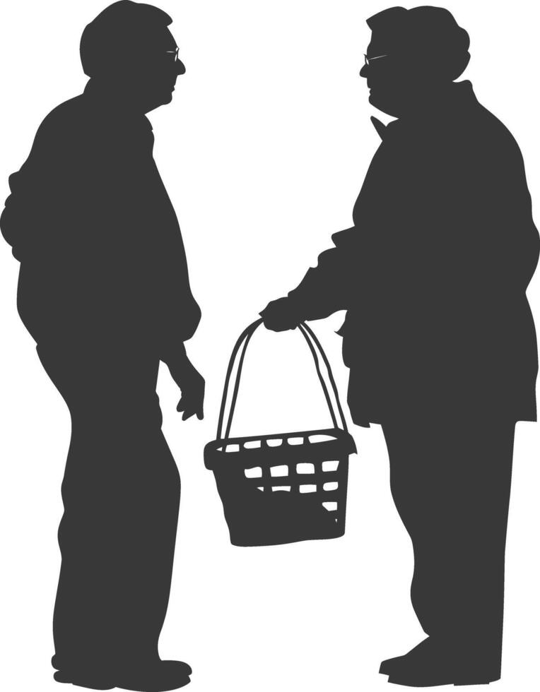 Silhouette elderly man and elderly women with Shopping basket full body black color only vector